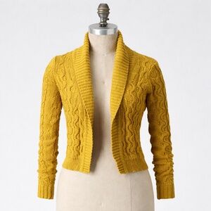 Anthropologie Sparrow Mustard Cable Knit Shawl Collar Open Cardigan Sweater XS
